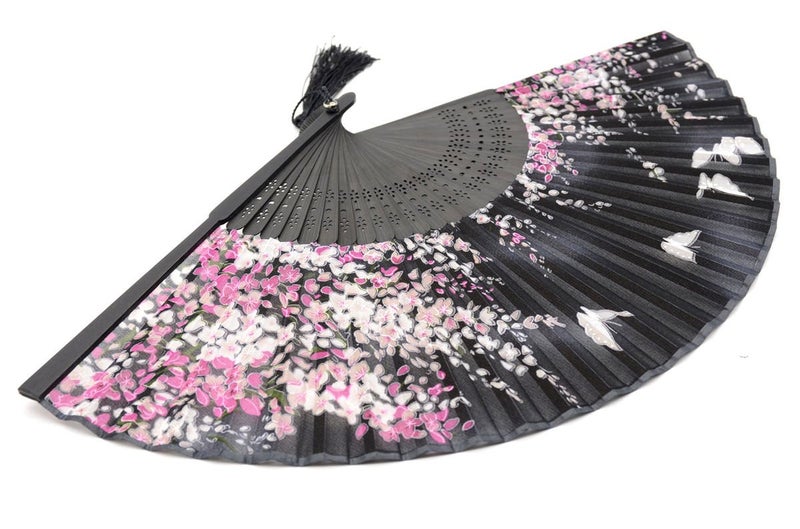 OMyTea Folding Hand Held Fan for Women Sakura Chinese/Japanese Vintage Retro Style - with a Fabric Sleeve for Protection (WZS-Black) - Image 3